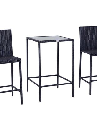 3 PCS Rattan Bar Set with Glass Top Table, 2 Bar Stools for Outdoor, Patio, Garden, Poolside, Backyard