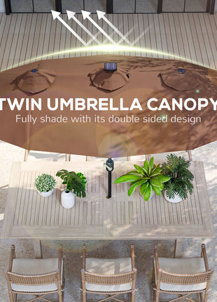 Double-sided Patio Umbrella, 9.7 ft. Outdoor Umbrella with 45-Degree Tilt and Crank, LED Solar Light and 12 Ribs, Coffee