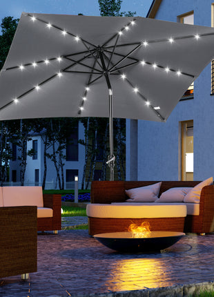 9' x 7' Solar Umbrella, LED Lighted Patio Umbrella for Table or Base with Tilt & Crank, Outdoor Umbrella for Garden, Deck, Backyard, Pool, Beach, Dark Gray