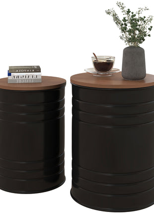 Round Storage Ottoman Set of 2, Nesting Ottomans with Wooden Lid, Metal Frame and Hidden Storage Space for Bedroom