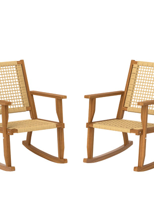 Outdoor Lawn Rocking Chair Set of 2, Acacia Wood Patio Rocking Chairs with Wicker Back and Seat for Garden, Khaki