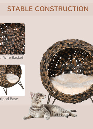 20.5" Weaved Cat Bed, Elevated Hand-woven Braided Banana Leaf Kitten House Condo with Cushion, Brown