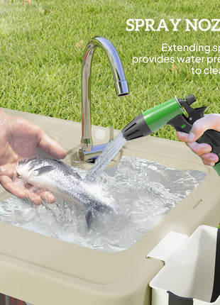 Folding Fish Cleaning Table with Sinks, Portable Camping Sink Table with Faucet, Drainage Hose, Sprayer, Shelf, Drawer and Storage Basket, Outdoor Fillet Table for Picnic Beach Patio, Tan