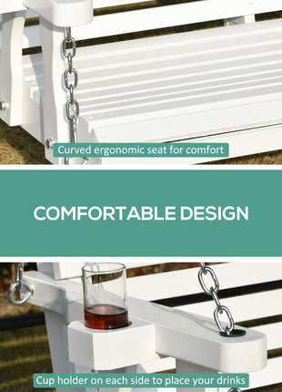 46" 2-Person Porch Swing Wooden Patio Swing Bench with Cup Holders, Slatted Design, Chains, 440lb Weight Capacity, White