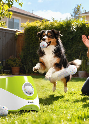 Automatic Dog Ball Launcher, Dog Ball Thrower with 5 2.3" ETPU Balls, 3 Distance Settings (20/33/46 ft) for Small Medium Pets, Green