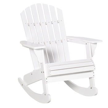 Wooden Adirondack Rocking Chair Outdoor Lounge Chair Fire Pit Seating with Slatted Wooden Design, Fanned Back, White