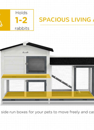 62" Rabbit Hutch, Wooden Bunny Hutch, Guinea Pig Cage, Small Animal Enclosure with Run Area, Removable Tray, Asphalt Roof, Lockable Doors and Ramp, for Rabbits, Chickens, Ducks, White