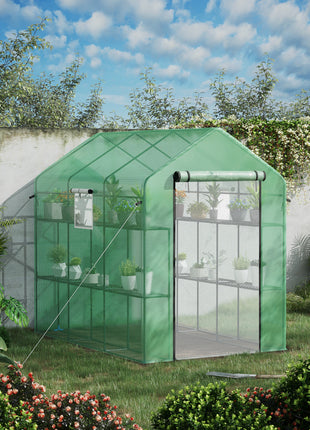 7' x 5' x 6' Walk-in Greenhouse for Outdoors with Mesh Door and Windows, 18 Shelf Hot House with Trellis, Plant Labels, UV Protective for Growing Flowers, Herbs, Vegetables, Saplings, Green