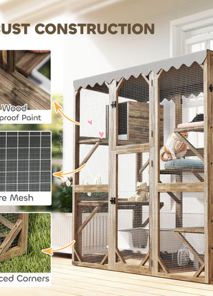 Outdoor Cat Enclosure with Window Access, 5 Platforms and 2 Resting Boxes, Waterproof Roof for Multiple Cats, Brown