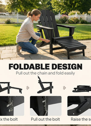 Folding Adirondack Chair Set of 2, HDPE Fire Pit Chair with Retractable Ottoman and Cup Holder, Black