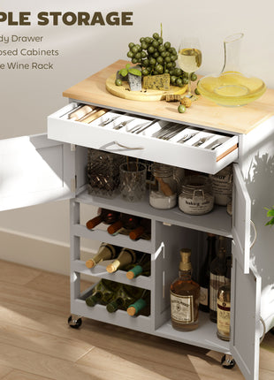 Rolling Kitchen Cart, Kitchen Island with Storage Drawer, 9-bottle Wine Rack, Door Cabinets, Wooden Countertop, White