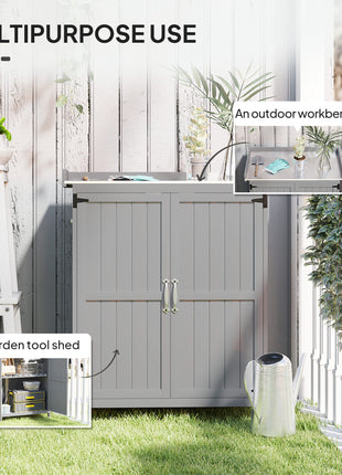 Outdoor Storage Cabinet, Garden Tool Shed with Metal Tabletop and Shelf, Wooden Potting Bench with 2 Doors, Gray
