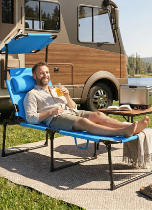 Outdoor Lounge Chair, 4 Position Adjustable Backrest, Folding, Cushioned w/ Sun Shade Roof & Pillow, Blue