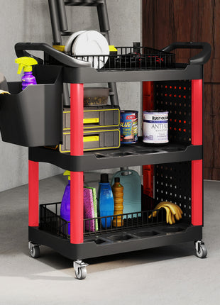 3-Tier Rolling Tool Cart, 200 LBS Capacity Plastic Utility Cart with Side Shelf and Storage Bucket, Black & Red