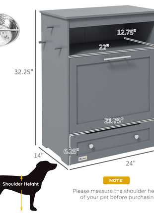 Pet Feeder Station Storage Cabinet, Dog Food Storage Container with Dog Raised Bowls, Watering Supplies, Gray