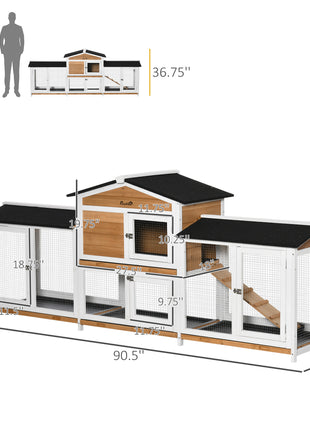 90.5" Wooden Rabbit Hutch Bunny Cage Pet Playpen House Enclosure with Double Side Run Boxes, No Leak Tray, Ramp, White