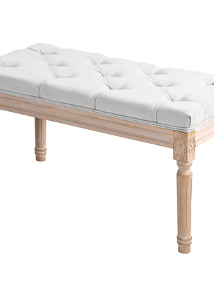 32" Linen Upholstered Bedroom Bench, French End of Bed Bench with Thick Padded Cushion and Wooden Legs, Cream White