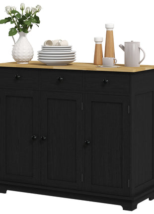 Kitchen Storage Cabinet, Sideboard Floor Cupboard with Solid Wood Top, Adjustable Shelf, and 3 Drawers, Black Wood Grain