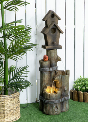 Outdoor Fountain with Birdhouse, Cascading Garden Waterfall Bird Bath with 3-Tier Rustic Tree Trunk / Log Design, LED Lights for Porch, Deck, Yard Decor, Brown