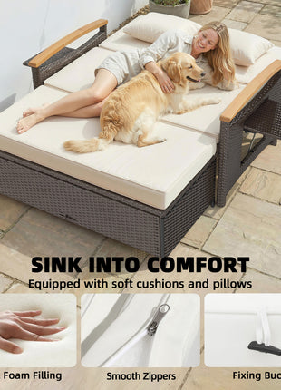 Rattan Outdoor Daybed w/4-Level Adjustable Backrest, Patio Sofa Bed w/Storage Ottoman, Acacia Wood Armrest, Beige