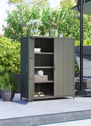 Rattan Wicker Outdoor Storage Cabinet with 4 Shelves and 2 Doors for Garden Pool Towel Storage, Dark Gray