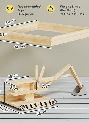 Wooden Sandbox with Digger, Kids Sandbox with 360° Rotating Seat & Bottom Liner, 72" x 35" x 22"