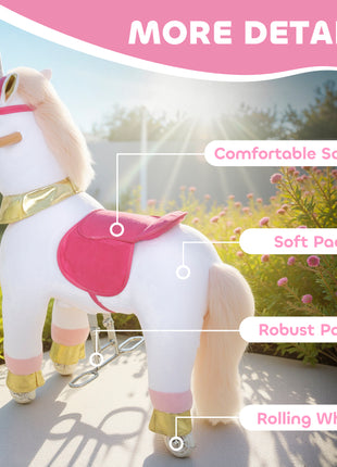 Ride on Unicorn Toy for Kids 3-5 Years, 29.5 Inch Plush Baby Rocking Horse with Wheels, No Battery Required, White