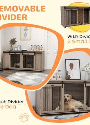 71" Modern Dog Kennel Furniture with Removable Divider, Storage for 2 Small Dogs or 1 Large Dog, Walnut