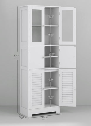 Freestanding Bathroom Cabinet with Glass/Louvred Doors, Tall Bathroom Storage Cabinet with Adjustable Shelf, White
