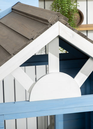 Wooden Playhouse for Kids Outdoor with Flower Pot Holders, Door, Windows, Service Stations for 3-7 Years, Blue