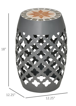 Decorative Outdoor Stool, 12" Round Patio Side Table, Mosaic Accent Plant Stand for Garden, Balcony, Gray