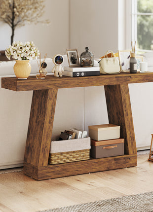 55" Farmhouse Console Table, 2-Tier Entryway Table with Storage for Hallway, Living Room, Behind Couch, Rustic Brown