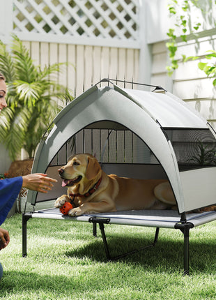Elevated Dog Bed with Removable Canopy, Portable Outside Raised Pet Cot with Cooling Pad, Storage Bag, 36" x 29.5" x 35"