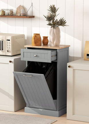 10 Gallon Tilt Out Trash Cabinet, Wooden Hidden Trash Can with Storage Drawer for Kitchen, Laundry Hamper Cabinet for Bathroom, Gray