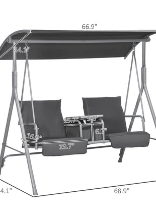 2-Seater Outdoor Porch Swing with Canopy and Table, Patio Swing Chair for Garden, Poolside, Backyard, Gray