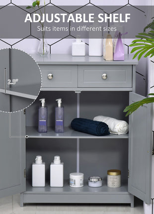 Freestanding Bathroom Floor Cabinet, Wooden Bathroom Cabinet with 2 Doors, 2 Drawers and Adjustable Shelf, Gray