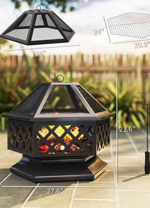 28" Outdoor Fire Pit with Grill Hexagon Fireplace Wood Burning Firepit with Cooking Grate, Fire Poker, Spark Screen Lid
