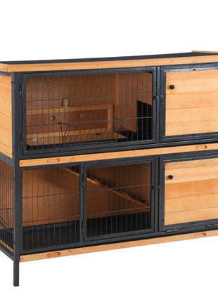 48" 2-Story Large Rabbit Hutch Bunny Cage Wooden Pet House Metal Frame with Rooms, Ramp, No Leak Tray, Feeding Trough, Waterproof Asphalt Roof for Rabbits, Chickens, Ducks, Outdoor/Indoor