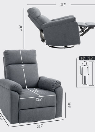 Recliner Chair, Wide Swivel Rocker Chair, Overstuffed Single Sofa with Pocket Spring, Footrest, Quick Assembly, Gray