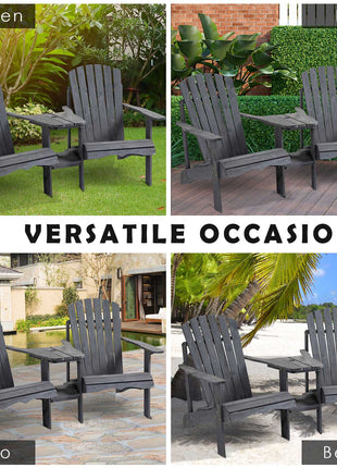 Outdoor Wood Adirondack Chair Reclined Bench w/ Coner Table & Umbrella Hole
