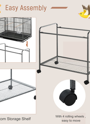 30" Rolling Metal Bird Cage Feeder with Detachable Rolling Stand, Storage Shelf, Wood Perch & Food Container