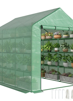 Outdoor Walk-in Greenhouse with Roll-up Zipper Door, 18 Shelves, PE Cover, 95.25" x 70.75" x 82.75", Green