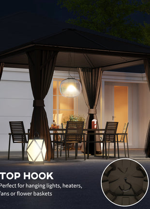 10' x 10' Hardtop Gazebo Canopy, Permanent Pavilion with Hook, Curtains, Aluminum Frame for Patio, Garden, Dark Brown