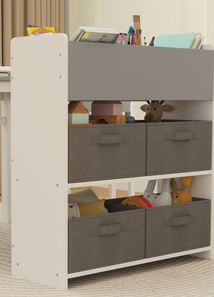 Kids Desk and Chair Set with Paper Roll, Kids Activity Craft Table with Storage Shelves and Drawers, Gray