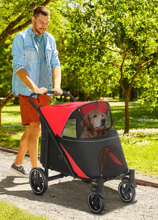Dog Stroller for Large Medium Small Dogs up to 66 Lbs. 23.5" in Body Length, One-Click Foldable Pet Cat Stroller with Storage, Shock Absorption Wheels, Mesh Window, Safety Leash, Red