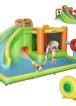 7-in-1 Inflatable Water Slide, Kids Castle Bounce House Includes Slide, trampoline, Pool, Water Cannon, Ball-target, Boxing Post, Tunnel with Carry Bag, Repair Patches, 750W Air Blower