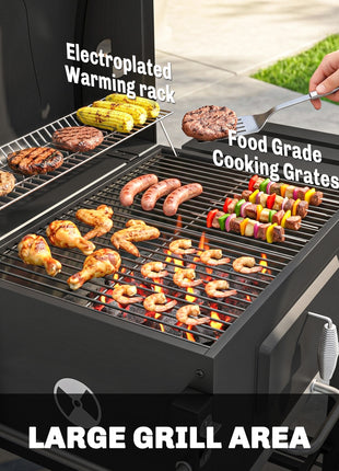 Charcoal BBQ Grill and Smoker Combo Outdoor Portable Trolley Camping Picnic Backyard with Side Shelf, Black