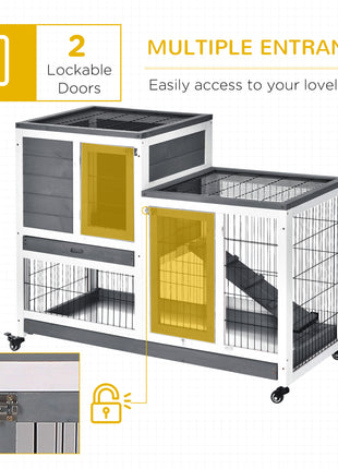 Wooden Rabbit Hutch Elevated Bunny Cage Indoor Small Animal Habitat with Enclosed Run with Wheels, Ramp, Removable Tray for Rabbits, Chickens, Ducks, Guinea Pigs, Gray