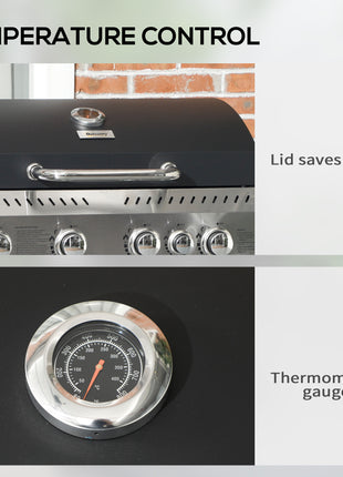 4 Burner Propane Gas Grill with Side Burner, 40,000 BTU Outdoor Barbeque with Shelves, Thermometer, Bottle Opener, Black