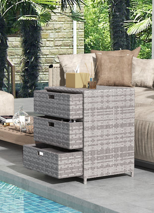 Patio PE Rattan Storage Cabinet, Wicker Pool Cabinet Organizer, Outdoor Towel Rack for Pool with 3 Drawers, Gray